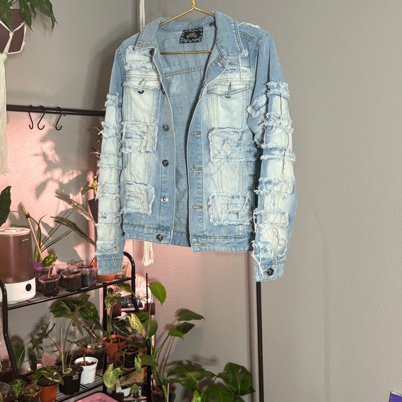 Rebel Vengeance Distressed Denim Jean Jacket Frayed Destroyed Trucker Women's - Picture 1 of 9